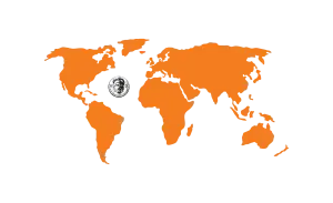 Orange world map with a black and white portrait logo in the Atlantic Ocean.