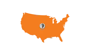 Orange map of the US with a black and white portrait logo in the center.