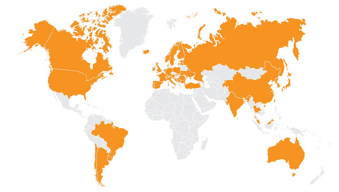 A world map highlights various countries in orange on a white background.